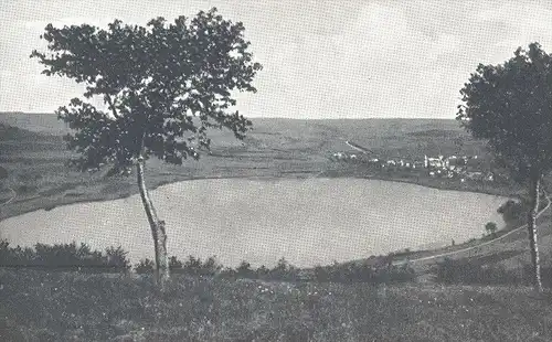 ALTE POSTKARTE GRÜSSE VON DEN MAAREN IN DER EIFEL SCHALKENMEHRENER WEINFELDER MAAR ODER TOTEN-MAAR MIT KAPELLE BEI DAUN