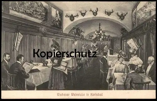 ALTE POSTKARTE KARLSBAD WACHAUER WEINSTUBE Zeitung Zeit Karlovy Vary Ceska Republika Personen Hut hat chapeau Wachau AK