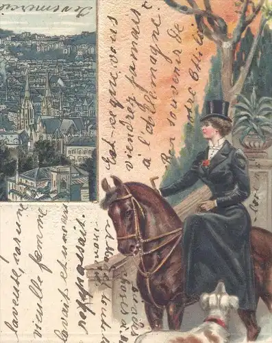 ALTE LITHO PRÄGE POSTKARTE STUTTGART REITER PFERD HUND horse dog chien cheval cpa gaufreé gauffrée embossed Prägekarte