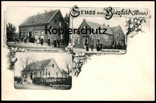 ALTE POSTKARTE GRUSS AUS HIESFELD BRINK BRINKER SCHULE WARENHAUS GERH. EIMERS JÄGERHOF H. BERGER OBERHAUSEN DINSLAKEN