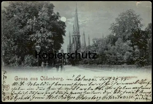 ALTE MONDSCHEIN POSTKARTE GRUSS AUS OLDENBURG GARTENSTRASSE & LAMBERTIKIRCHE postcard cpa AK Ansichtskarte