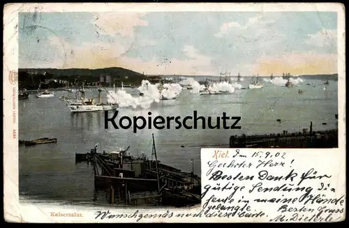 ALTE POSTKARTE KAISERSALUT KIEL SCHLACHTSCHIFF Kriegsschiff battle ship bateau schip warship marine Schiff cpa postcard