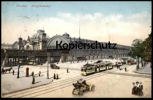 ALTE POSTKARTE DRESDEN HAUPTBAHNHOF STRASSENBAHN AUTO Tram tramway car station gare Bahnhof cpa postcard Ansichtskarte