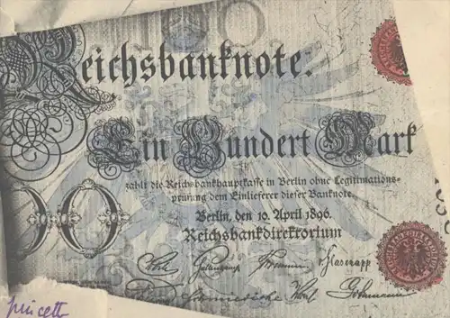 ALTE POSTKARTE GELDSCHEIN REICHSBANKNOTE 100 MARK REICHSBANK BERLIN 1896 money monnaie billet de banque bank note Geld