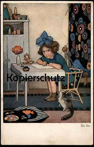 ALTE POSTKARTE MÄDCHEN LIEBESBRIEF AN IHN SIGN. BENDER Kind Katze enfant jeune femme girl child cat chat love-letter cpa