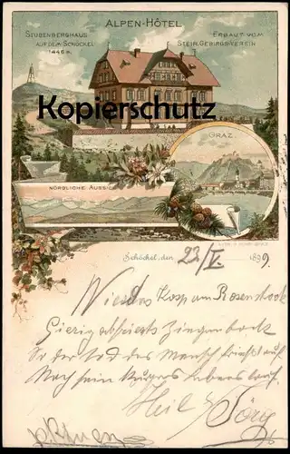 ALTE LITHO-POSTKARTE STUBENBERGHAUS STEIRISCHER GEBIRGSVEREIN SCHÖCKEL GRAZ 1899 RADEGUND Steiermark Österreich Austria