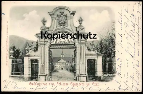 ALTE POSTKARTE EINFAHRTSTHOR ZUM SCHLOSSE EGGENBERG BEI GRAZ 1901 Schloss castle chateau Tor gate porte Engel angel ange