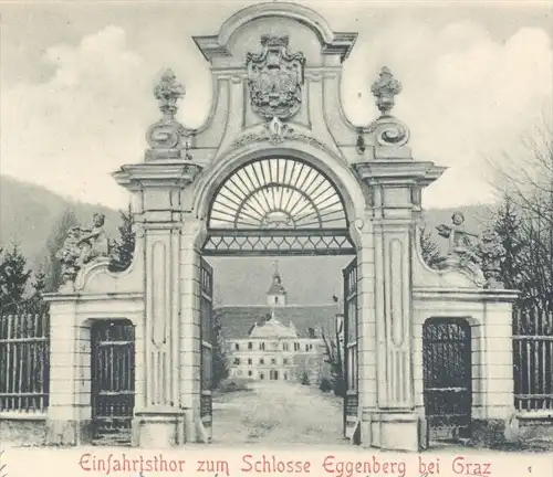 ALTE POSTKARTE EINFAHRTSTHOR ZUM SCHLOSSE EGGENBERG BEI GRAZ 1901 Schloss castle chateau Tor gate porte Engel angel ange