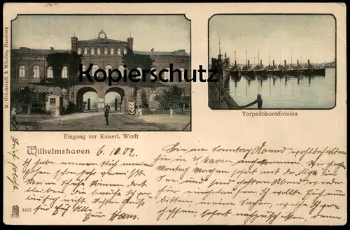 ALTE POSTKARTE WILHELMSHAVEN EINGANG ZUR KAISERLICHEN WERFT TORPEDOBOOTDIVISION Schiff battle ship Kriegsschiff warship