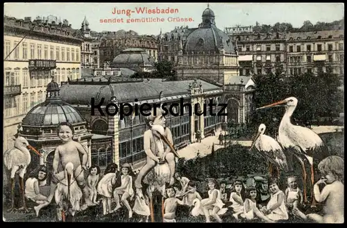 ALTE POSTKARTE JUNG WIESBADEN SENDET GEMÜTLICHE GRÜSSE KINDER montage photo children enfants Baby bébé nude surrealisme