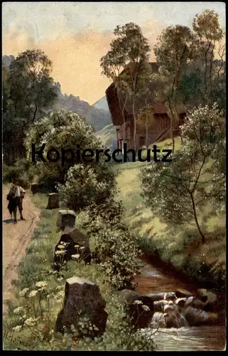 ALTE KÜNSTLER POSTKARTE FRÜHMORGENS IM SCHWARZWALD SIGN. H. HOFFMANN SCHWARZWALDSERIE Haus black forest cpa Wanderer AK