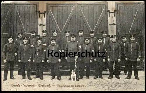 ALTE POSTKARTE BERUFS-FEUERWEHR STUTTGART FEUERWACHE III CANNSTATT corps de pompiers fire brigade Hund dog chien Uniform