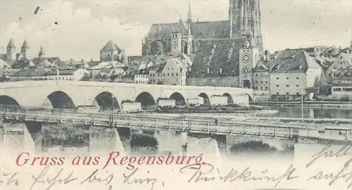 ALTE POSTKARTE GRUSS AUS REGENSBURG 1899 PARTHIE AN DER STEINERNEN BRÜCKE STEMPEL KÖNIGLICH BAYERISCHE Bahnpost cpa AK