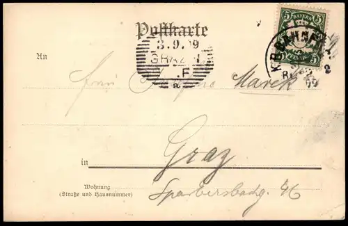 ALTE POSTKARTE GRUSS AUS REGENSBURG 1899 PARTHIE AN DER STEINERNEN BRÜCKE STEMPEL KÖNIGLICH BAYERISCHE Bahnpost cpa AK