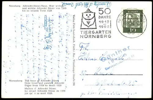 ALTE POSTKARTE NÜRNBERG ALBRECHT DÜRER HAUS MASCHINENWERBESTEMPEL STEMPEL TIERGARTEN 1912 - 1962 Ansichtskarte postcard