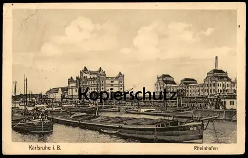 ALTE POSTKARTE KARLSRUHE RHEINHAFEN SCHIFF Hafen harbour port havre Frachtschiff crane grue freight cargo ship postcard