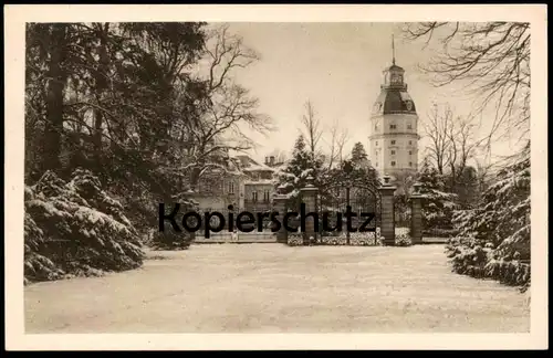 ALTE POSTKARTE KARLSRUHE WINTER LANDESMUSEUM SCHLOSS BLEITURM MIT PRACHTGITTERTOR FASANGARTEN Tor gate porte postcard AK