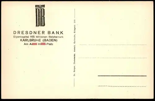 ALTE POSTKARTE KARLSRUHE DRESDNER BANK FILIALE AM A.-H.-PLATZ cpa postcard Ansichtskarte AK