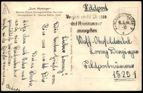 ALTE POSTKARTE KARLSRUHE ZUM MONINGER GASTSTÄTTE RESTAURANT PHOT. ROLF KELLNER cpa postcard AK Ansichtskarte