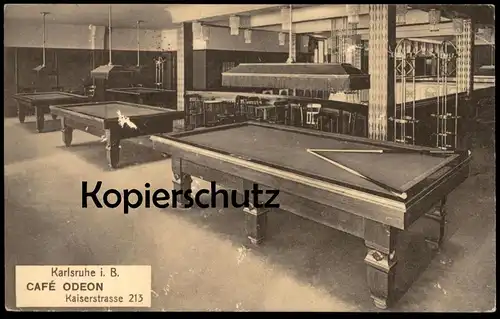 ALTE POSTKARTE KARLSRUHE CAFÉ ODEON KAISERSTRASSE 213 BILLARD Billiards Billiard snooker cpa postcard AK Ansichtskarte