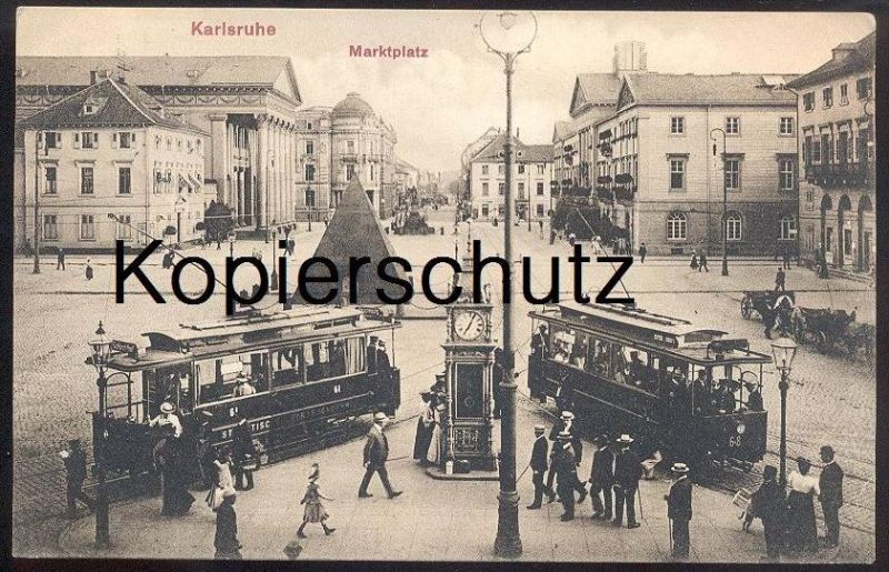 ALTE POSTKARTE KARLSRUHE MARKTPLATZ STRASSENBAHN PYRAMIDE