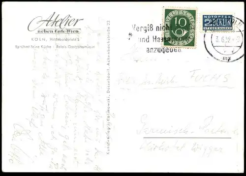 ÄLTERE POSTKARTE KÖLN RESTAURANT ATELIER HILDEBOLDPLATZ RELAIS GASTRONOMIQUE NEBEN CAFE WIEN Cöln Coeln Koeln Cologne AK