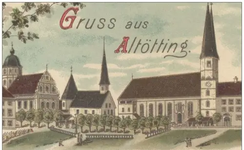 ALTE LITHO-POSTKARTE GRUSS AUS ALTÖTTING BAYERN GNADEN-MUTTER PROZESSION cortege procession cpa postcard Ansichtskarte