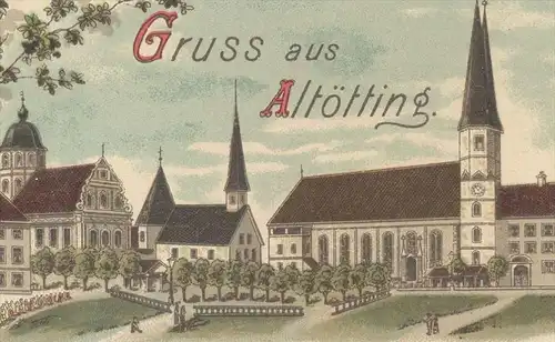 ALTE LITHO-POSTKARTE GRUSS AUS ALTÖTTING BAYERN GNADEN-MUTTER PROZESSION cortege procession cpa postcard Ansichtskarte