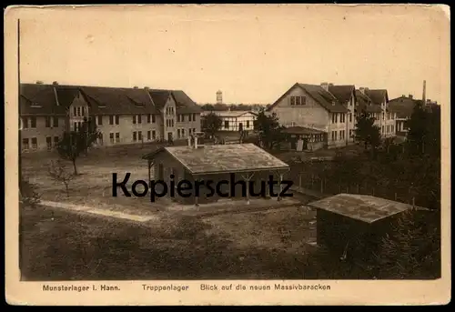 ALTE POSTKARTE MUNSTERLAGER IN HANNOVER TRUPPENLAGER BLICK AUF DIE NEUEN MASSIVBARACKEN MUNSTER NIEDERSACHSEN Lager cpa