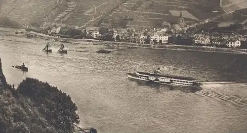 ALTE POSTKARTE BURG RHEINSTEIN MIT ASSMANNSHAUSEN AN BORD M.S. GRAF ZEPPELIN Dampfer steamer steamship bateau à vapeur