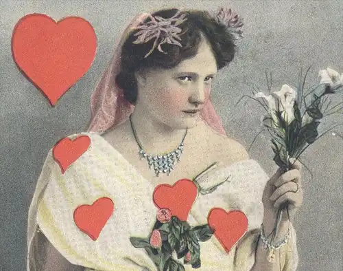 ALTE POSTKARTE HERZ-DAME SPIELKARTE FRAU ROSE WOMAN FEMME KARTENSPIEL hearts playing card coeur Schmuck bijoux jewellery