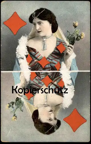 ALTE POSTKARTE KARO-DAME SPIELKARTE FRAU ROSE WOMAN FEMME KARTENSPIEL playing card carreau carte Schmuck bijoux jewels