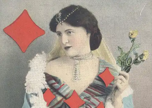 ALTE POSTKARTE KARO-DAME SPIELKARTE FRAU ROSE WOMAN FEMME KARTENSPIEL playing card carreau carte Schmuck bijoux jewels