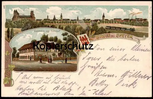 ALTE LITHO-POSTKARTE GRUSS AUS SPEYER AM RHEIN GASTHAUS ZUM BAHNHOF Dampflok locomotive à vapeur steam engine postcard