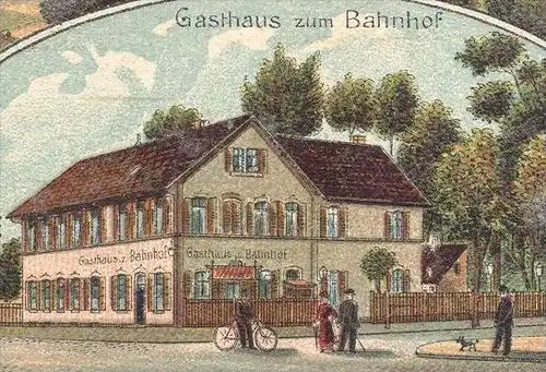 ALTE LITHO-POSTKARTE GRUSS AUS SPEYER AM RHEIN GASTHAUS ZUM BAHNHOF Dampflok locomotive à vapeur steam engine postcard