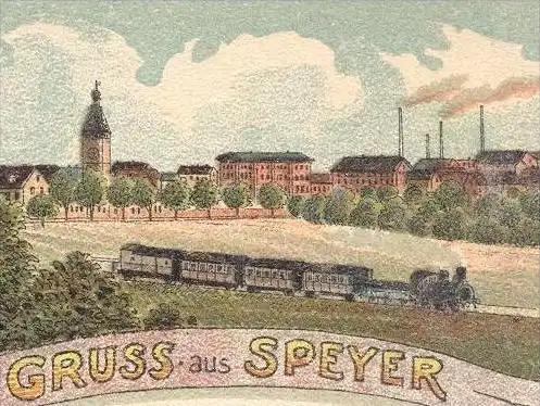 ALTE LITHO-POSTKARTE GRUSS AUS SPEYER AM RHEIN GASTHAUS ZUM BAHNHOF Dampflok locomotive à vapeur steam engine postcard