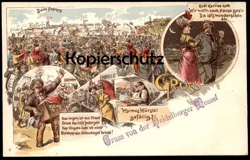 ALTE POSTKARTE HEIDELBERG GRUSS VON DER HEIDELBERGER MESSE DREHORGEL WARMES WÜRSTEL Orgue de barbarie Hand Organ Circus