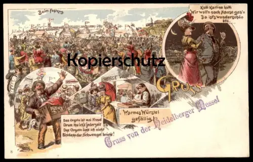 ALTE POSTKARTE HEIDELBERG GRUSS VON DER HEIDELBERGER MESSE DREHORGEL WARMES WÜRSTEL Orgue de barbarie Hand Organ Circus