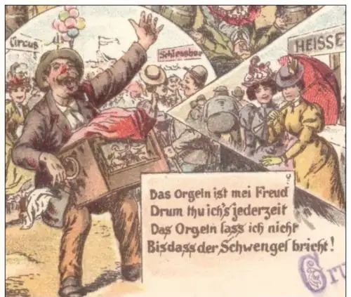 ALTE POSTKARTE HEIDELBERG GRUSS VON DER HEIDELBERGER MESSE DREHORGEL WARMES WÜRSTEL Orgue de barbarie Hand Organ Circus