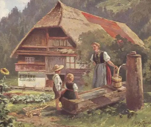 ÄLTERE POSTKARTE ALTES SCHWARZWALDHAUS BAUERNHAUS IM SCHWARZWALD NACH GEMÄLDE VON WILLY MORALT BLACK FOREST sunflower AK