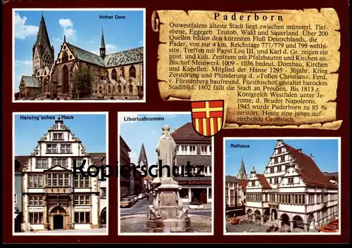POSTKARTE PADERBORN WAPPEN & GESCHICHTE LIBORIUSBRUNNEN DOM CHRONIK Chronikkarte chronique chronicle storycard postcard