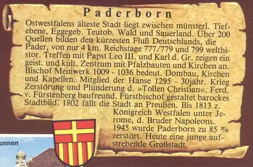 POSTKARTE PADERBORN WAPPEN & GESCHICHTE LIBORIUSBRUNNEN DOM CHRONIK Chronikkarte chronique chronicle storycard postcard