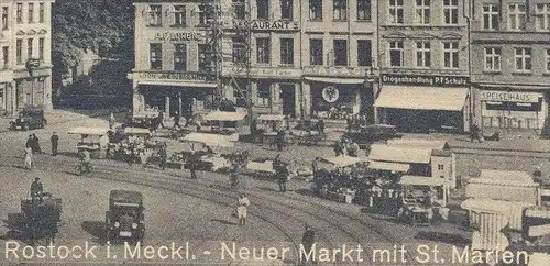 ALTE POSTKARTE ROSTOCK IN MECKLENBURG NEUER MARKT MIT ST. MARIEN Kirche église market marché cpa LKW pickup camion ADAC