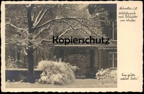 ALTE POSTKARTE MÜNSTER SCHLOSSPARK MIT SCHLOSSTOR IM WINTER EIN GUTES NEUES JAHR! Muenster cpa postcard AK Anischtskarte