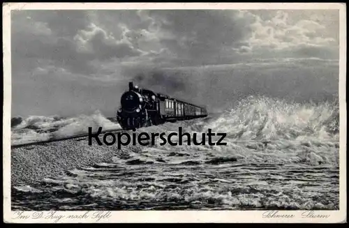 ALTE POSTKARTE SYLT HINDENBURGDAMM MIT DAMPFLOK D-ZUG Eisenbahn steam train locomotive à vapeur Ansichtskarte postcard
