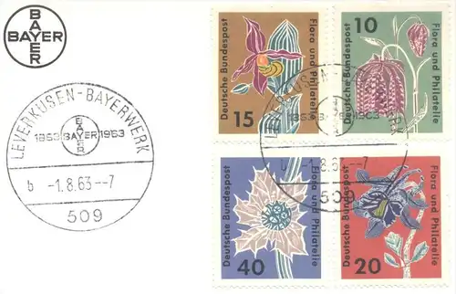 ÄLTERE POSTKARTE LEVERKUSEN BAYER EIN WERK VON 100 JAHREN BAYERWERK-SONDERSTEMPEL Briefmarken Flora und Philatelie AK