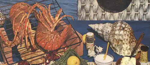 POSTKARTE LA LANGOUSTE GRILLÉE RECETTE MUSCHEL COQUILLAGE DE MER Sea Shell Rezept Languste spiny lobster Gericht cpa AK