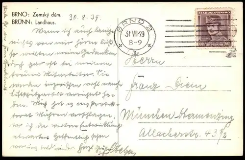 ALTE POSTKARTE BRÜNN LANDHAUS 1939 BRNO ZEMSKY DUM CZECHOSLOVAKIA Czech Republic Mähren Moravie cpa postcard AK