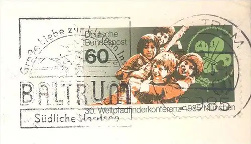 POSTKARTE BALTRUM MIT BRIEFMARKE PFADFINDER-WELTKONFERENZ 1985 Boy Scouts Scout Fähre ferry Glocke cloche cpa postcard