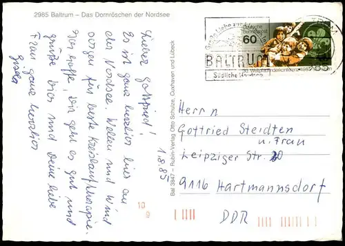 POSTKARTE BALTRUM MIT BRIEFMARKE PFADFINDER-WELTKONFERENZ 1985 Boy Scouts Scout Fähre ferry Glocke cloche cpa postcard